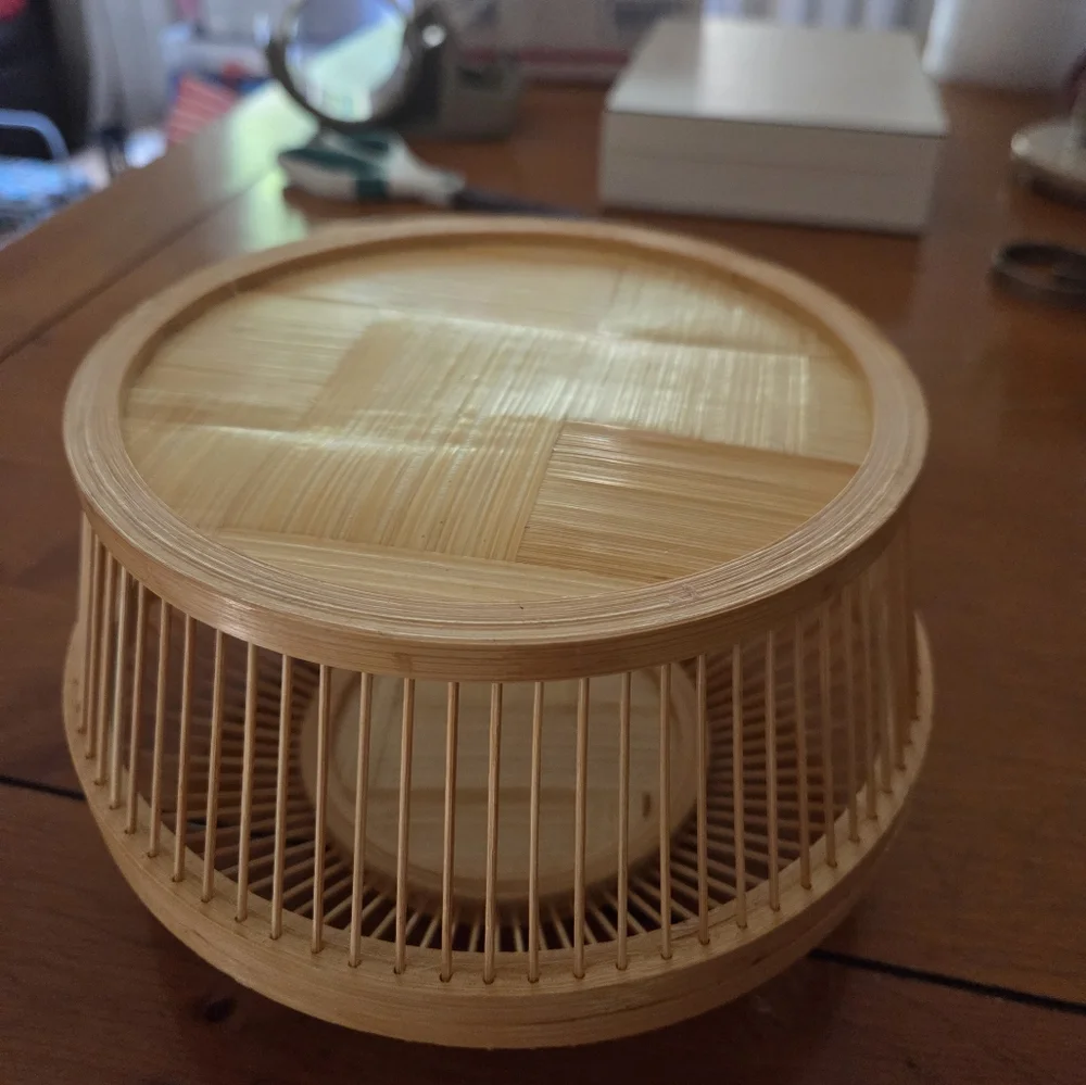 Vintage Bamboo Lucky Cricket Cage Woven Starburst Pattern Protected With Glass